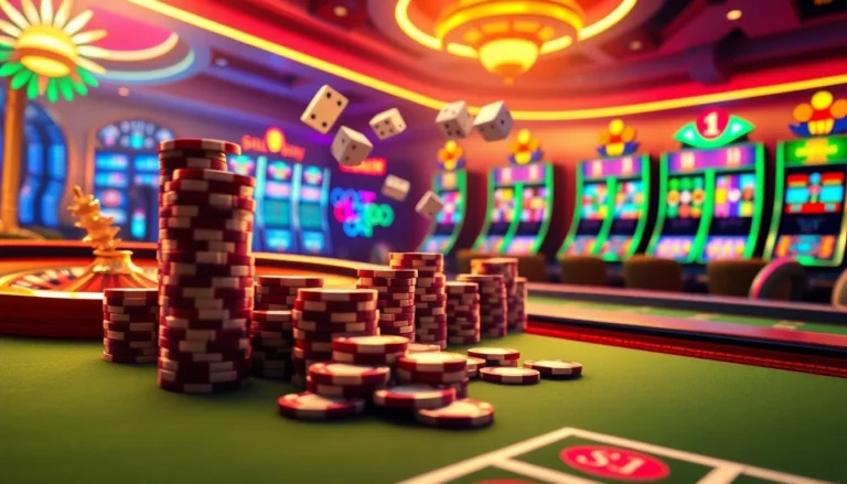 Experience the thrill of casino gaming with OKFUN, showcasing vibrant slot machines and poker chips in action.