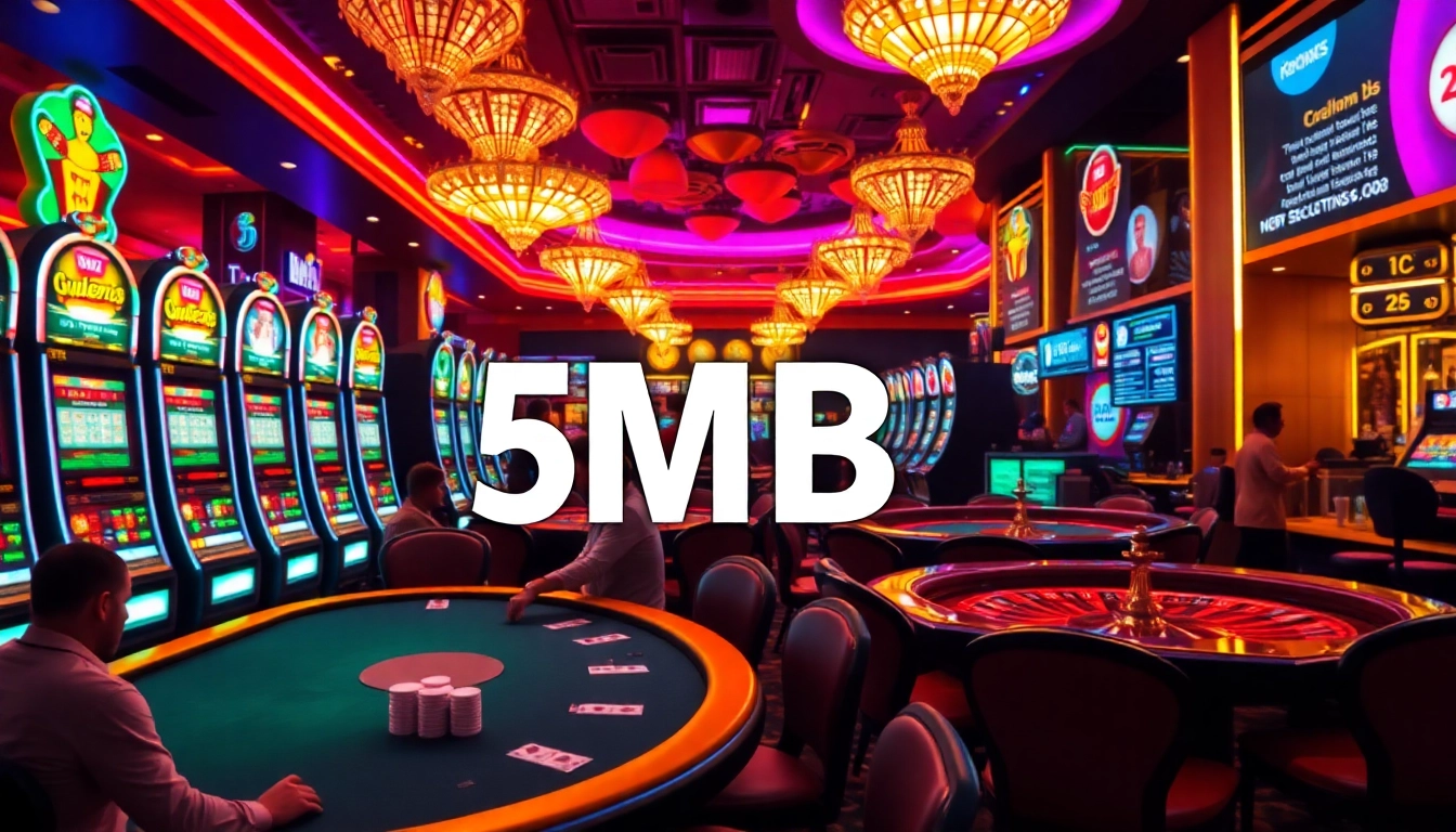 The casino scene featuring a lively poker table and slot machines, showcasing the excitement of gambling with '5MB' promotional signage.