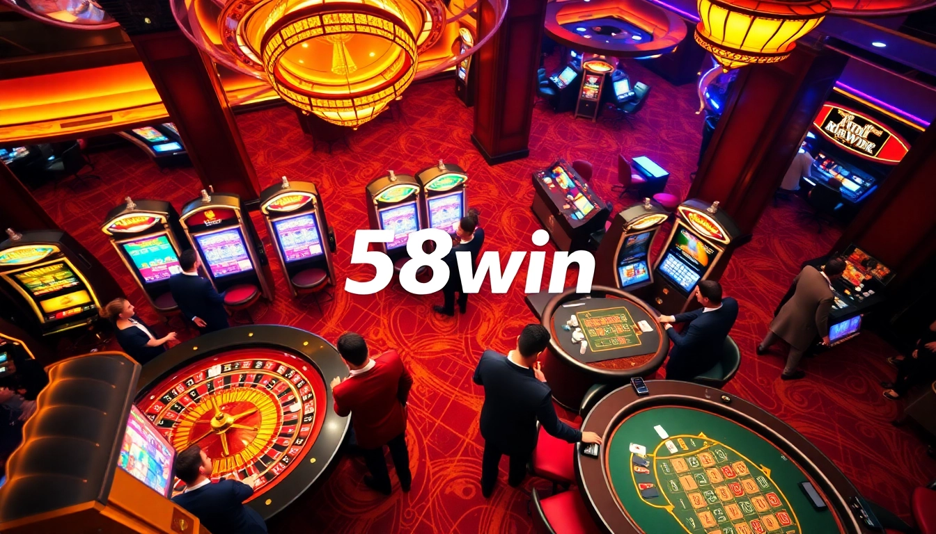 Players enjoying an exciting game of poker at 58win casino, surrounded by vibrant slot machines and roulette tables.
