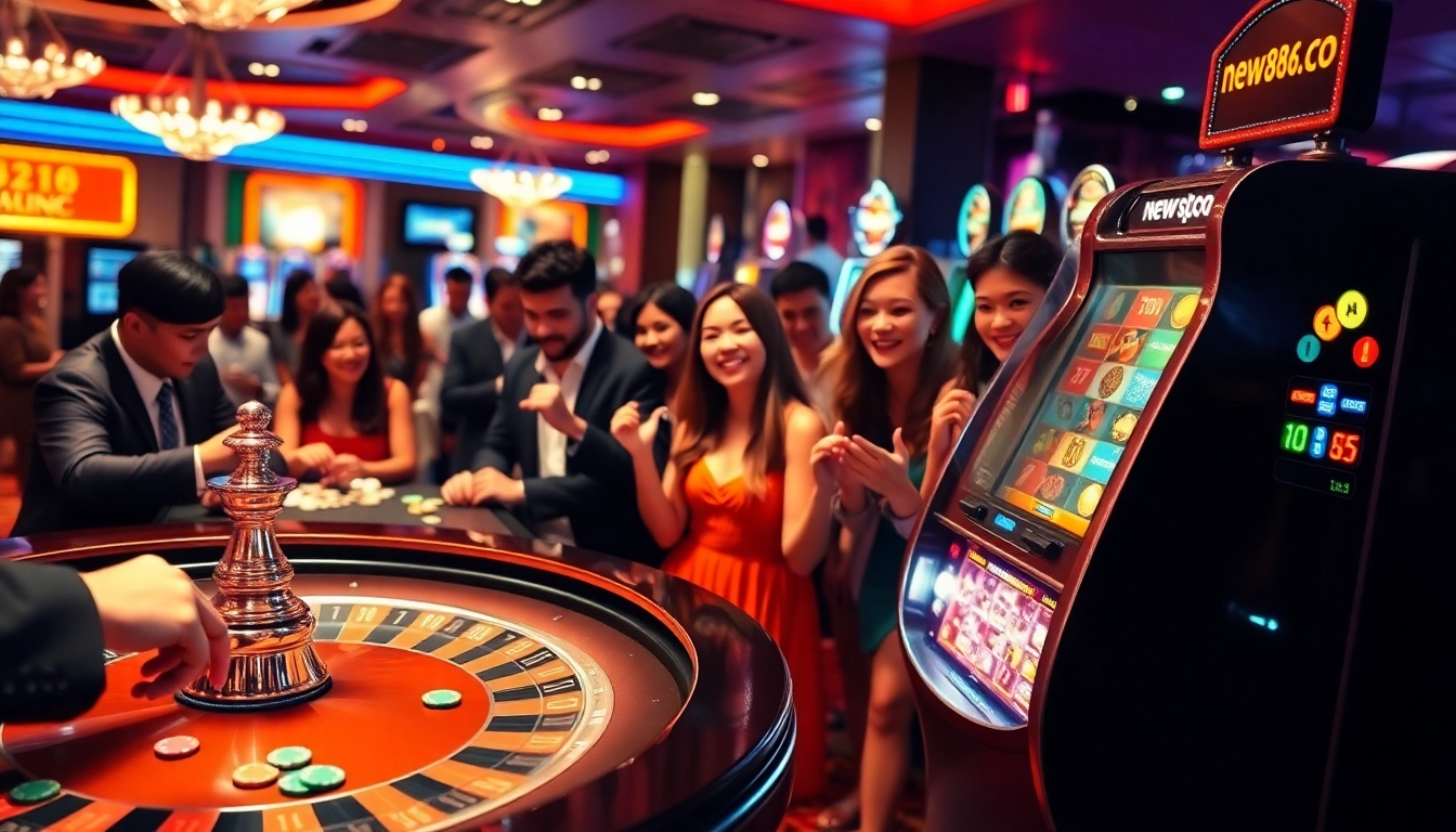Players enjoy an exciting casino atmosphere at https://new88c.co/, celebrating wins at the roulette table and slots.