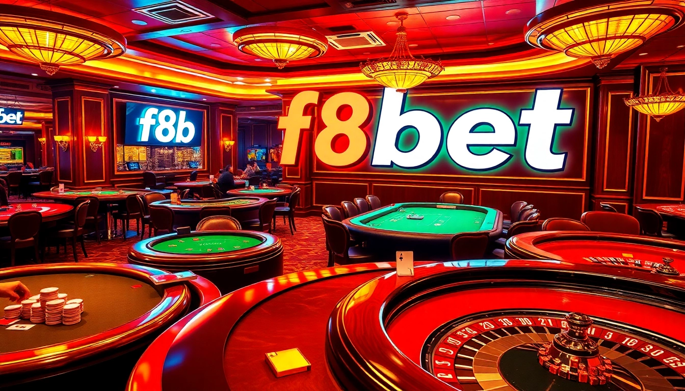 Experience the thrill of gaming at F8bet casino featuring poker tables and roulette wheels.